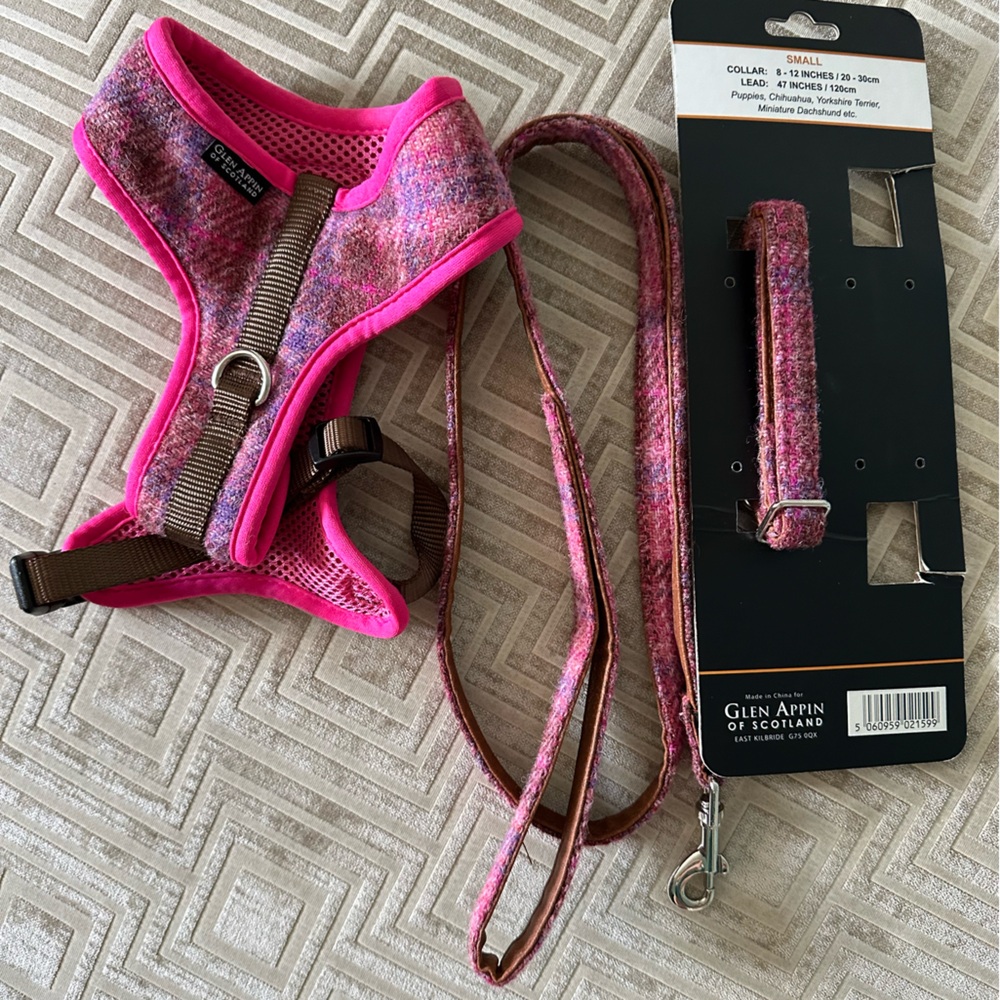 Harris Tweed Pink Dog Harness and Leash & Collar Set